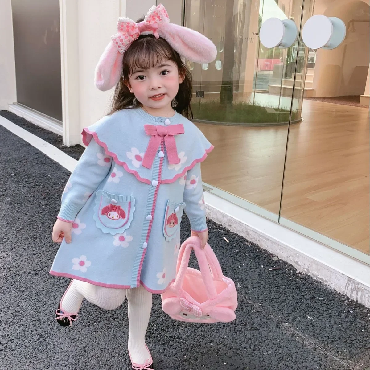 Sanrios Hellokittys My Melody Long-Sleeved Kids Sweater Knitted Skirt Cute Cartoon Color Lapel Pom-Pom Long-Sleeved Girls Dress