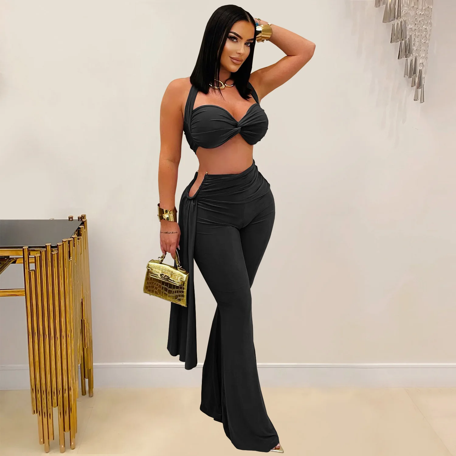 Top bikini sexy con scollo all'americana Set di pantaloni a 2 pezzi Completi Y2K Streetwear Pantaloni svasati da donna Tuta Elegante fasciatura Top Set di due pezzi