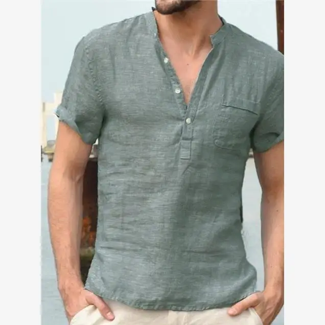 남성 캐주얼 스탠드 칼라 티셔츠 2024년 여름 신상 패셔너블 루즈핏 청소년 스포츠 씬 단색