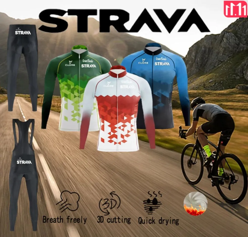 STRAVA Cycling Road Mountain Bike Cycling Men's Jacket Winter Fleece Long Sleeve Bib Cycling Christmas Gifts