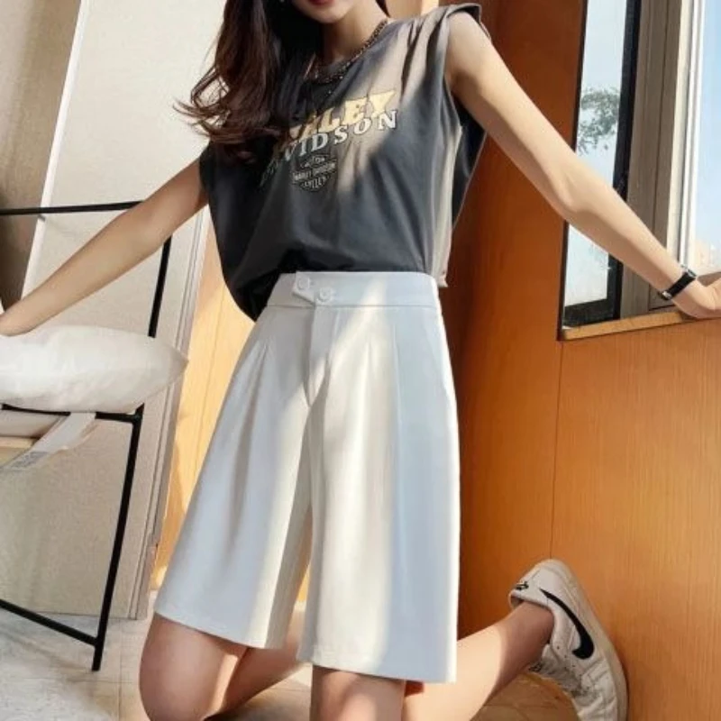 Damskie szorty z wysokim stanem i szerokimi nogawkami, letnia nowa moda, do pracy, na co dzień, jednolite, uniwersalne, wygodne, spodnie do kolan.