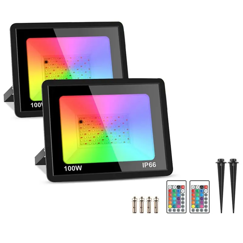 T19C 4 Pack 100W RGB LED Flood Lights IP66 Waterproof Color Changing Floodlight With Remote For Party, Halloween 220V