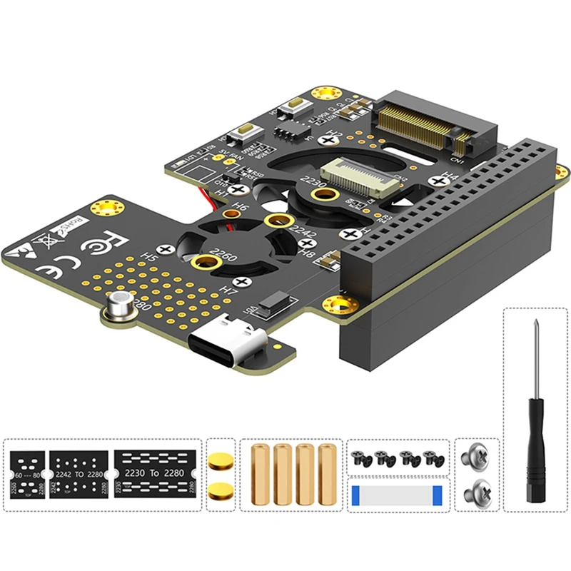 For Raspberry Pi 5 Pcie To M.2 Nvme SSD HAT 3In1 With Dual Fan Gen2 Gen3 For 2230 2242 2260 2280 M.2 M-Key Nvme SSD