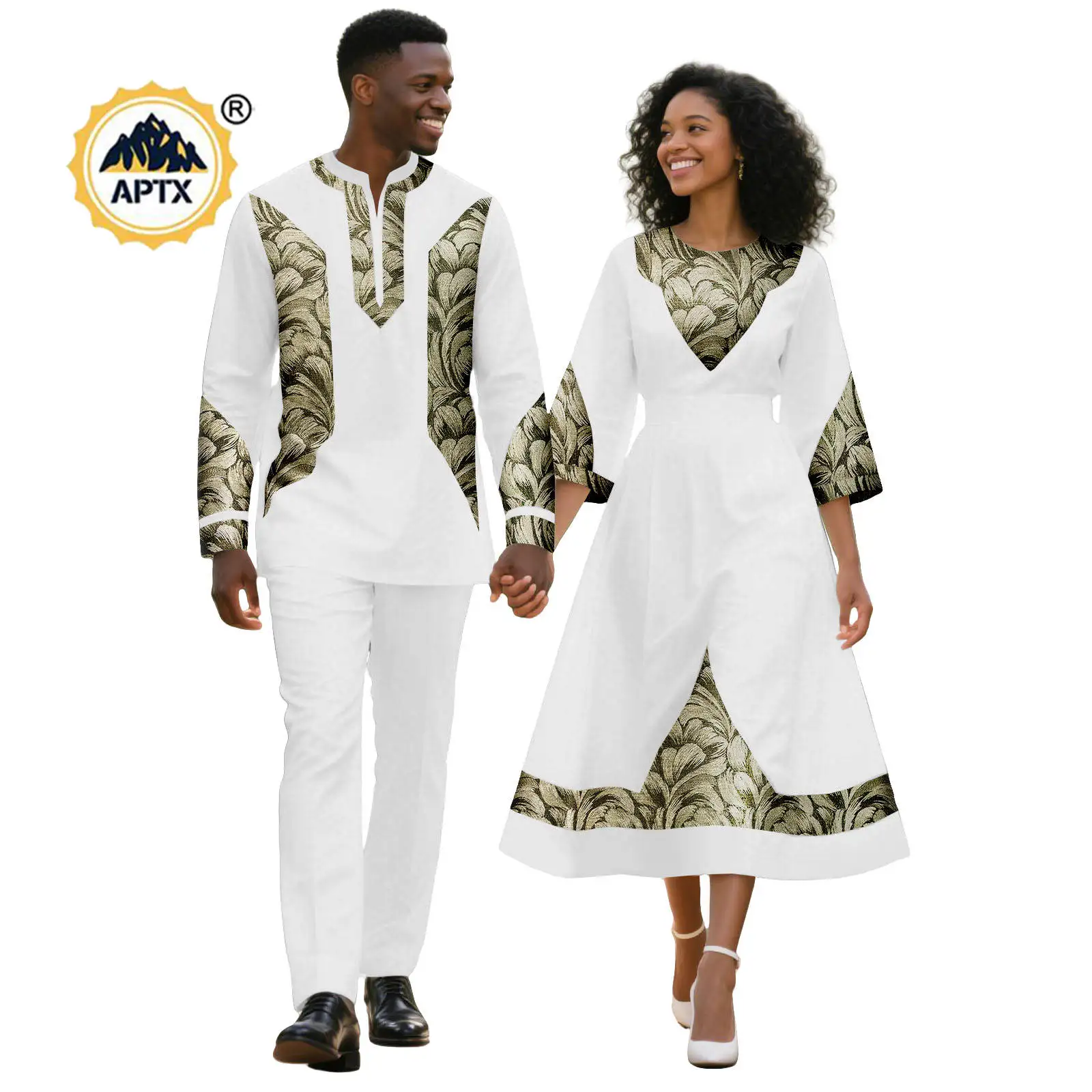 

African A-line Dresses for Women Matching Couples Outfits Dashiki Men Top and Pants Sets Bazin Riche Wedding Wear 25C043