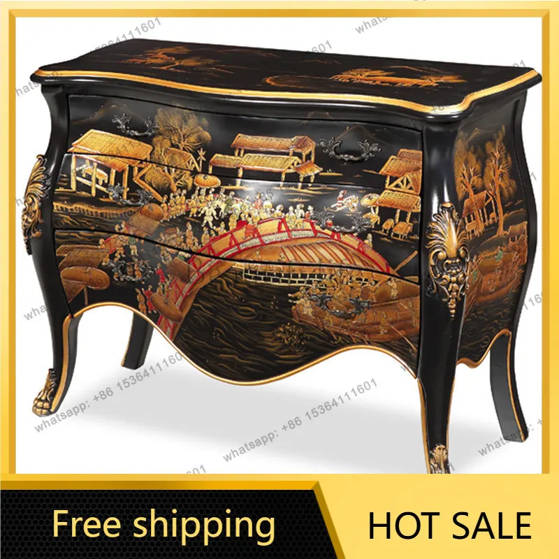 FG Modern New Chinese Qingming Shanghe Tu Red Black Gold Study Locker Ornament Entrance Cabinet