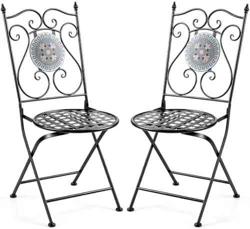 Set of 2 Mosaic Foldable Chairs (2 Pack,Black) | Outdoor Patio Chairs w/ Elegant Backrest & Breathable Seat, Robust