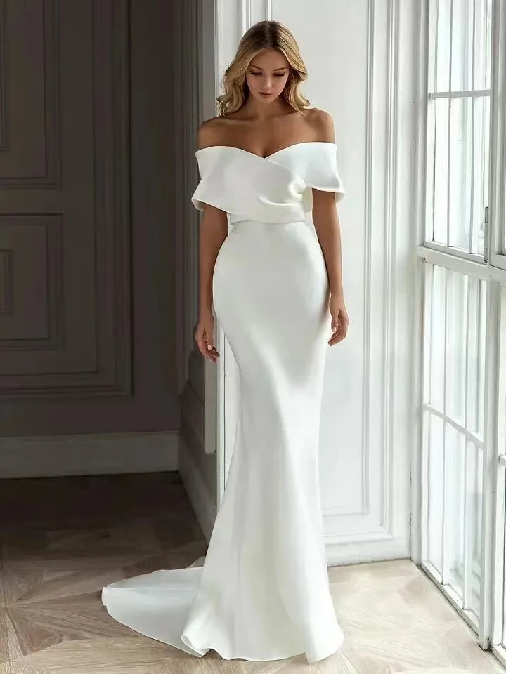 Sexy V-Neck Off the Shoulder Vestidos De Noivas Satin Mermaid Wedding Dress with Detachable Train Simple Robe De Mariee