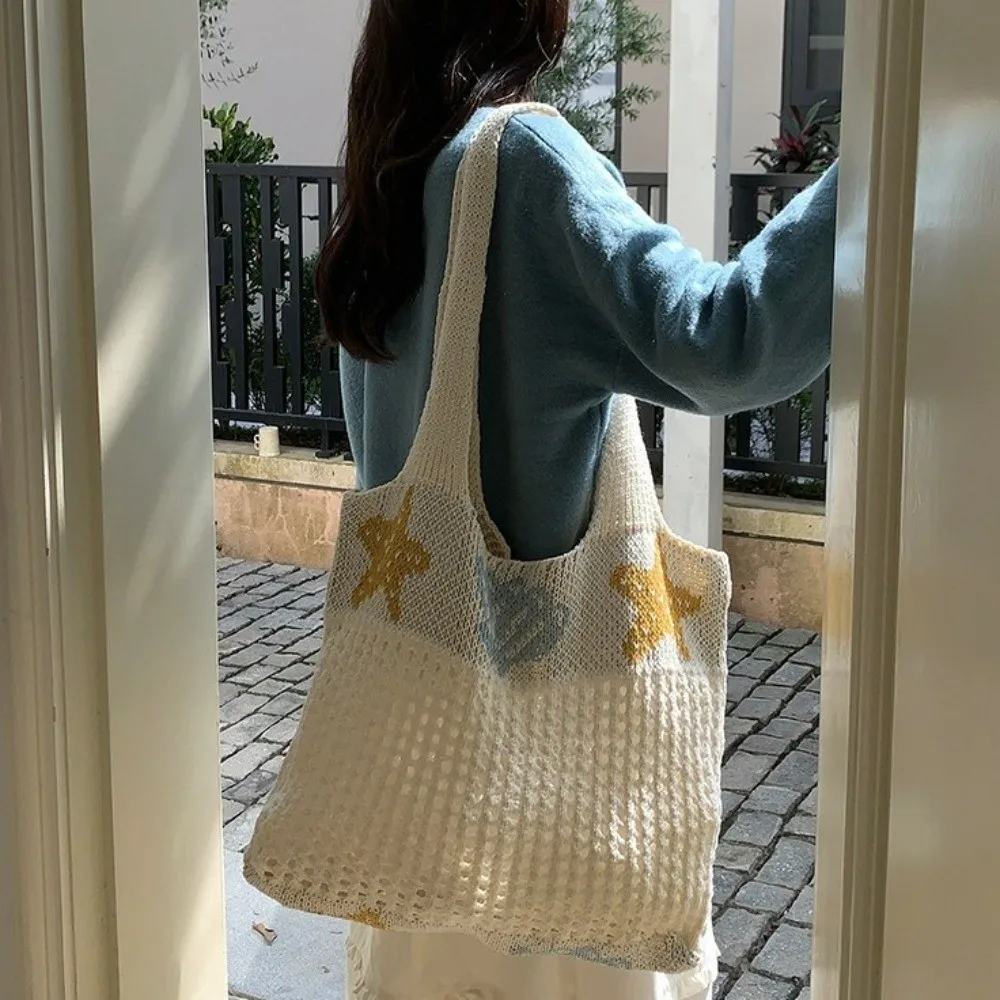 

Retro Starfish Knitted Tote Bag Woolen Shell Crochet Handbag Korean Style Eco-Friendly Hollow Shoulder Bag Daily
