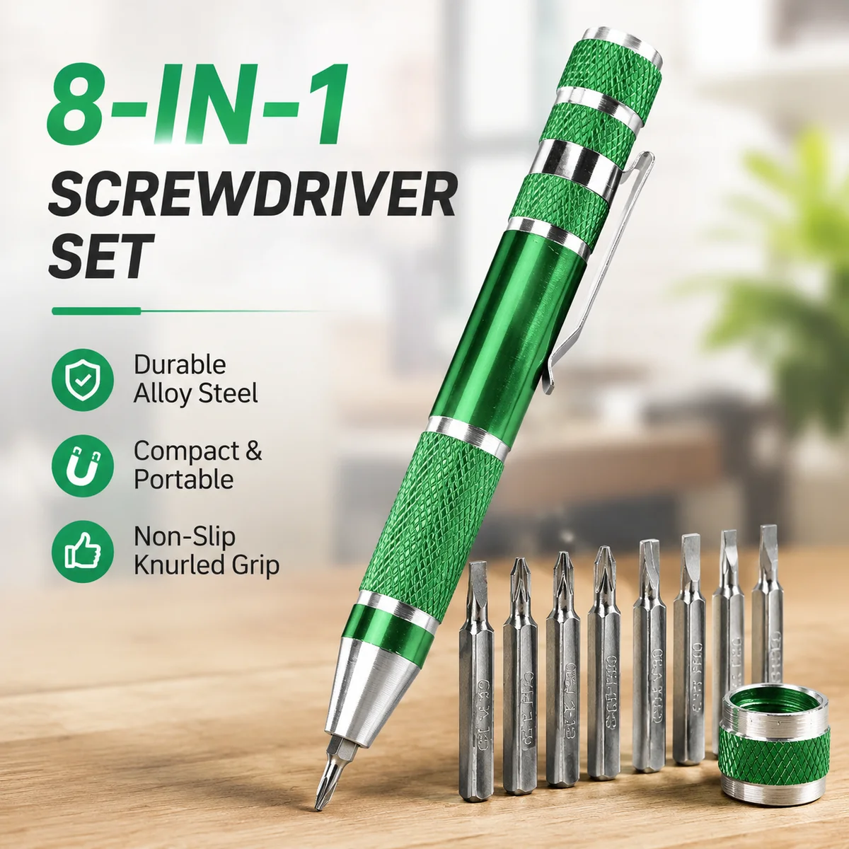 8-in-1 Precision Screwdriver Set Green Aluminum Alloy Pocket Repair Tool with Interchangeable Bits