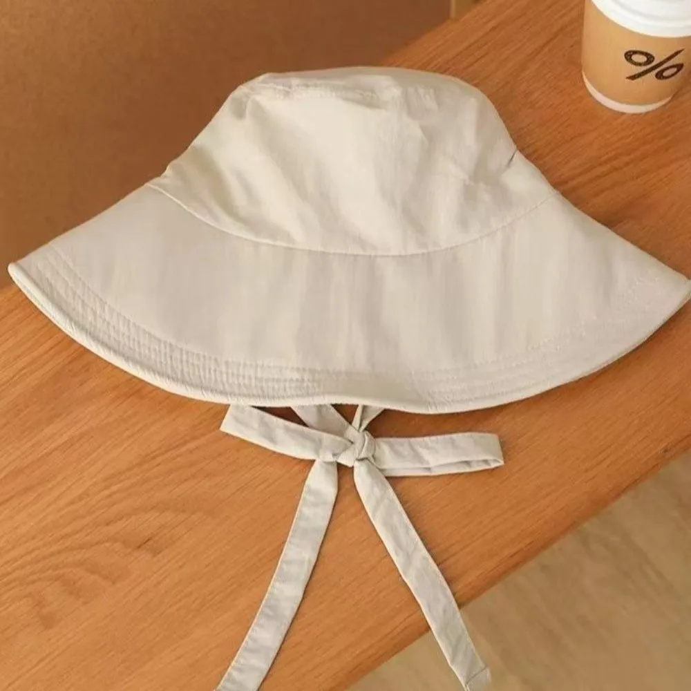 Breathable Lace-up Sunshade Hat Thin Polyester Wide Brim Fisherman Hat Makes Face Look Smaller Solid Color Bucket Cap Vacations