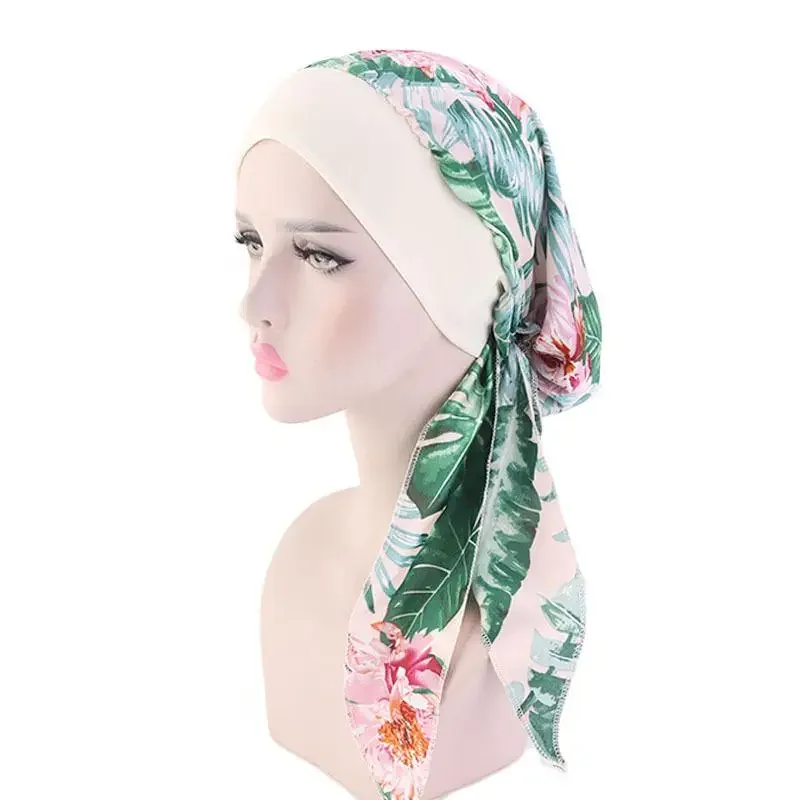 Womens Muslim Hijab Cancer Chemo Flower Print Hat Turban Cap Cover Hair Loss Head Scarf Wrap Pre-Tied Headwear Strech Bandana