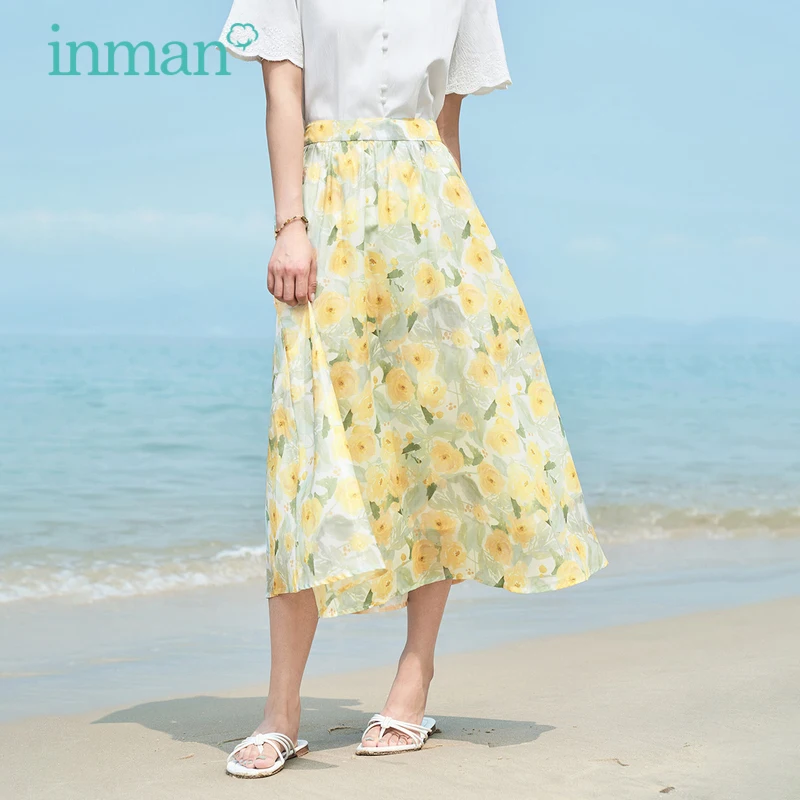 INMAN Women Skirt 2023 Summer Elastic Waist Loose A-shaped Yellow Floral Print French Elegant Fashion Chic Mid-length Skirt