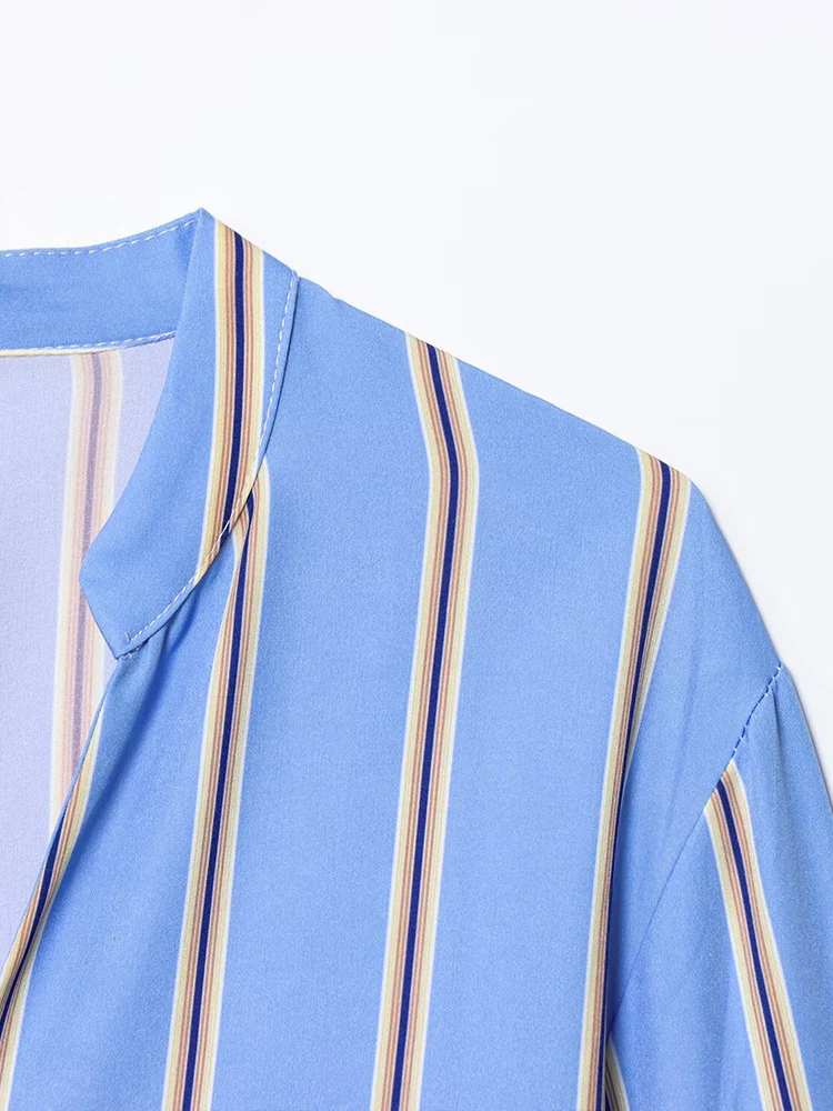 European style new women's fashion versatile temperament bow-decorated striped poplin long-sleeved shirt