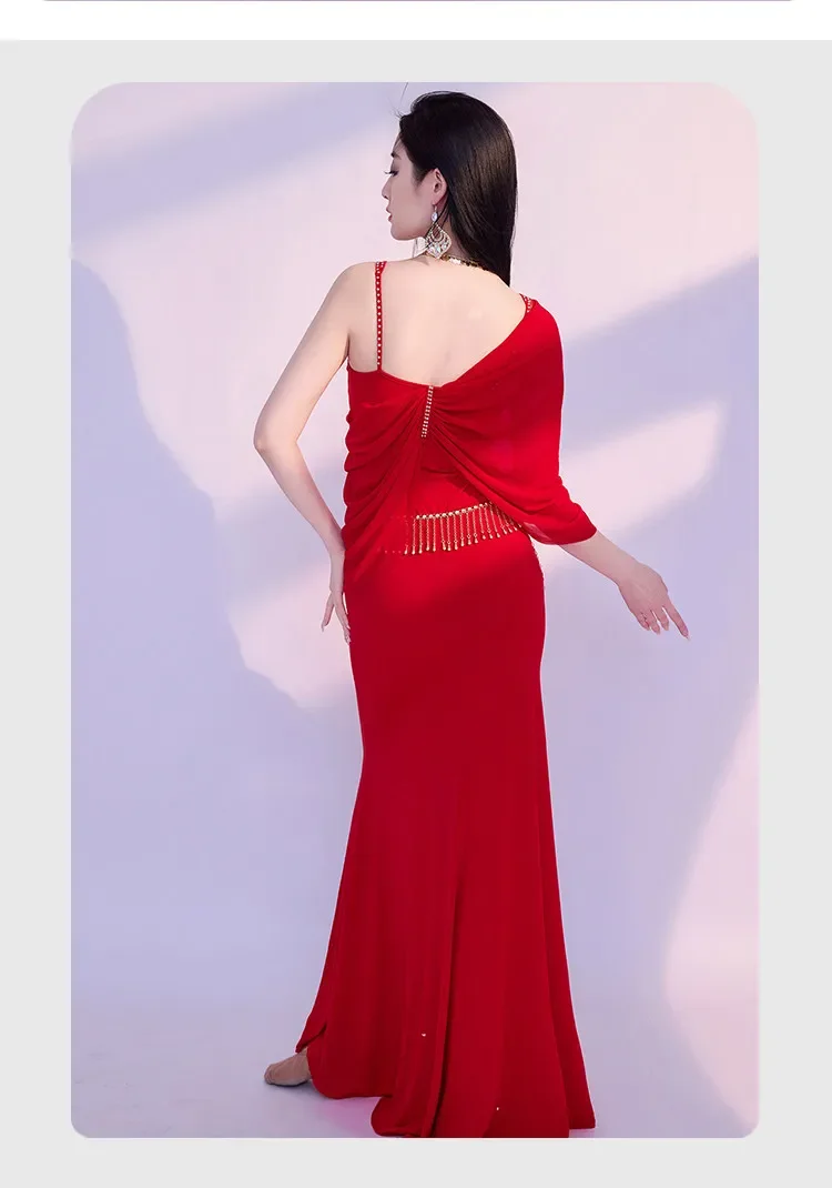 Neues Bauchtanz-Übungsoutfit, Trägerkleid, sexy Bauchbedeckung, orientalisches Tanzkostüm für Auftritte, professionelles Bauchtanz-Outfit. – Detail 8