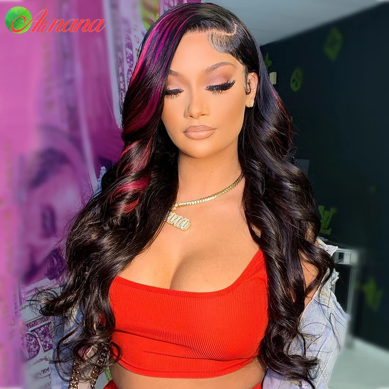 

13x6 Lace Front Wig Highlights Pink Blue Red Peruvian Body Wave Transparent Lace Front Human Hair Wigs For Black Women 30 Inches