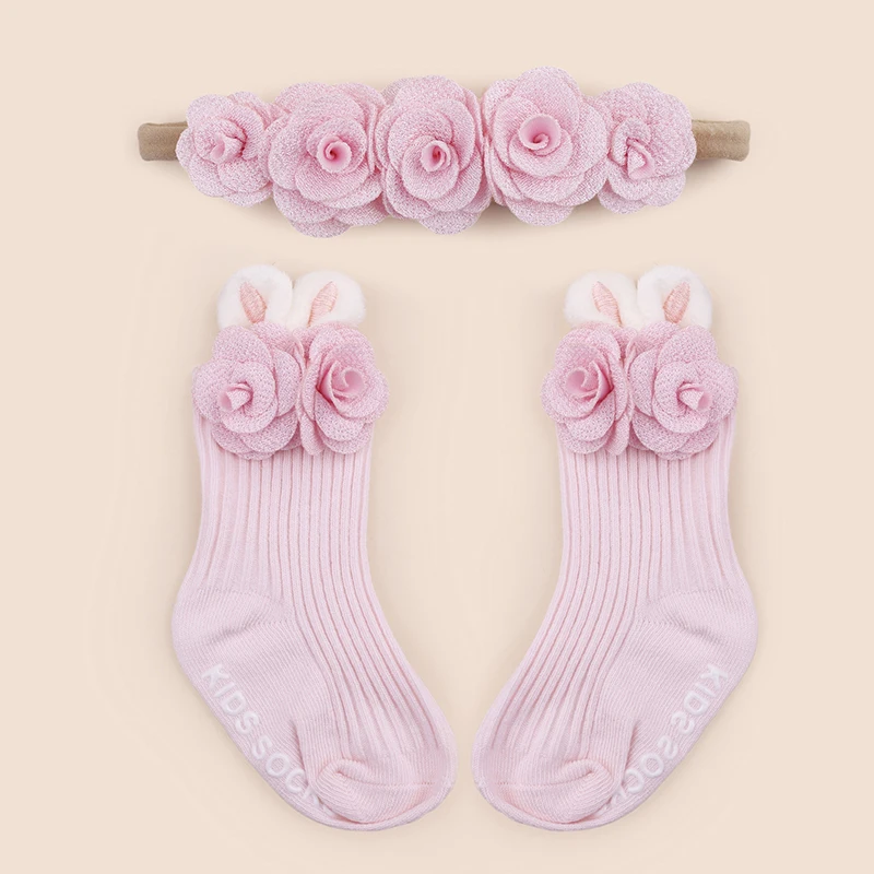 Sweet and Cute Rose Rabbit Ears Pink Red Khaki Green Nylon Handmade Headband Socks Set/Suitable for Daily Matching Very Popular