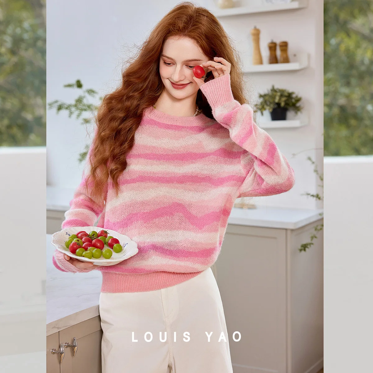 

LOUIS YAO Sweet Striped Drop-Shoulder Knitted Sweater 2025 Autumn/Winter Elegant Pullovers Slightly Stretch Women's Knitwear
