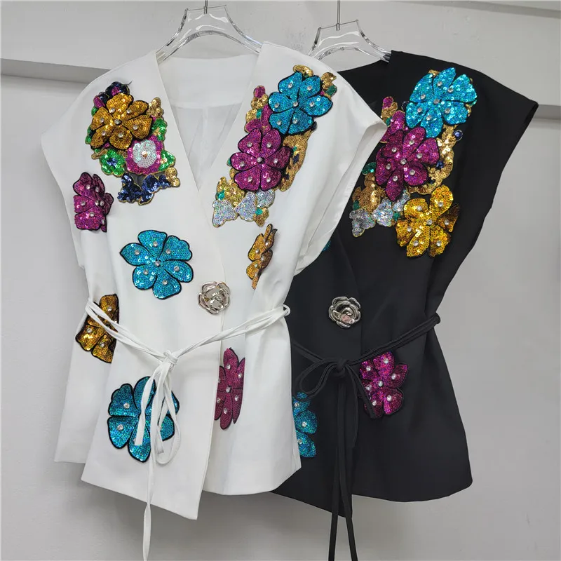 SuperAen 2025 primavera nuevo bordado lentejuelas Floral Patchwork chaleco para mujeres sueltas sin mangas abrigos casuales