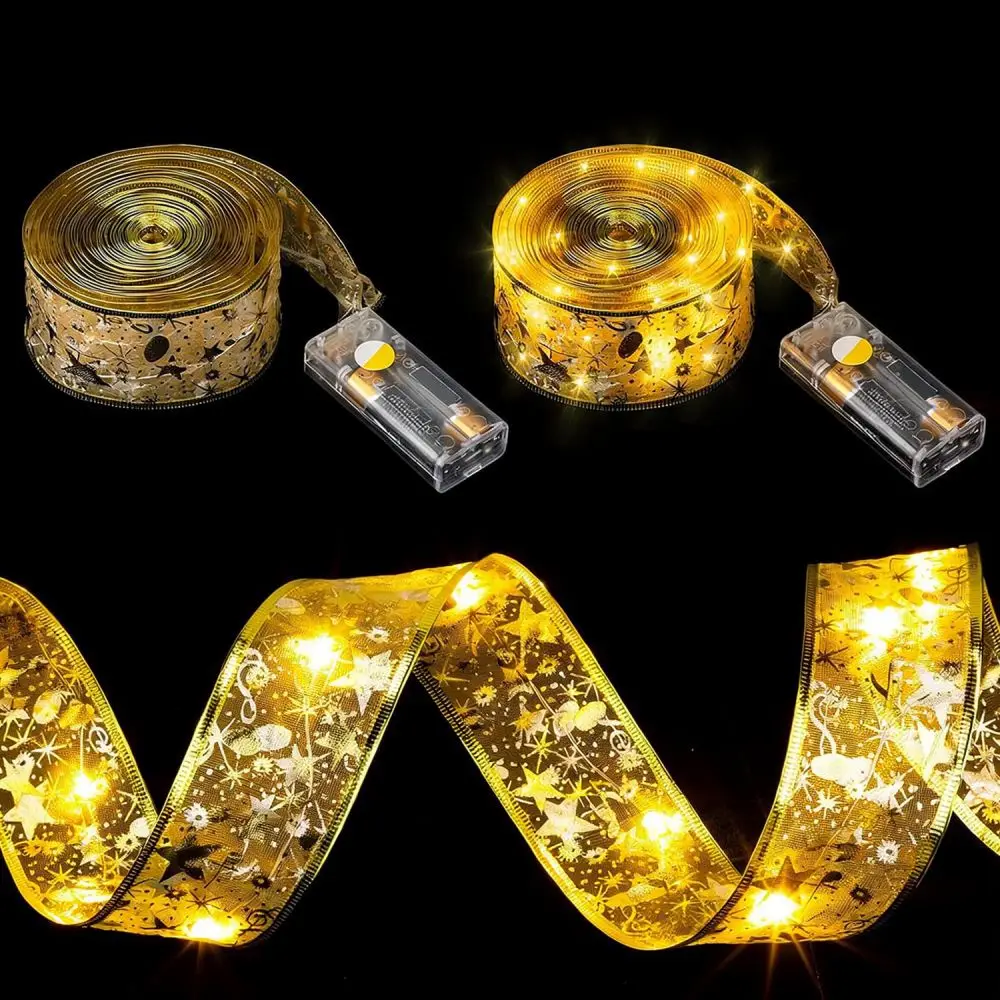 Satin Ribbon LED Fairy Lights Bronzing Copper Wire Ornament For Christmas Tree Indoor Home Holiday Celebration
