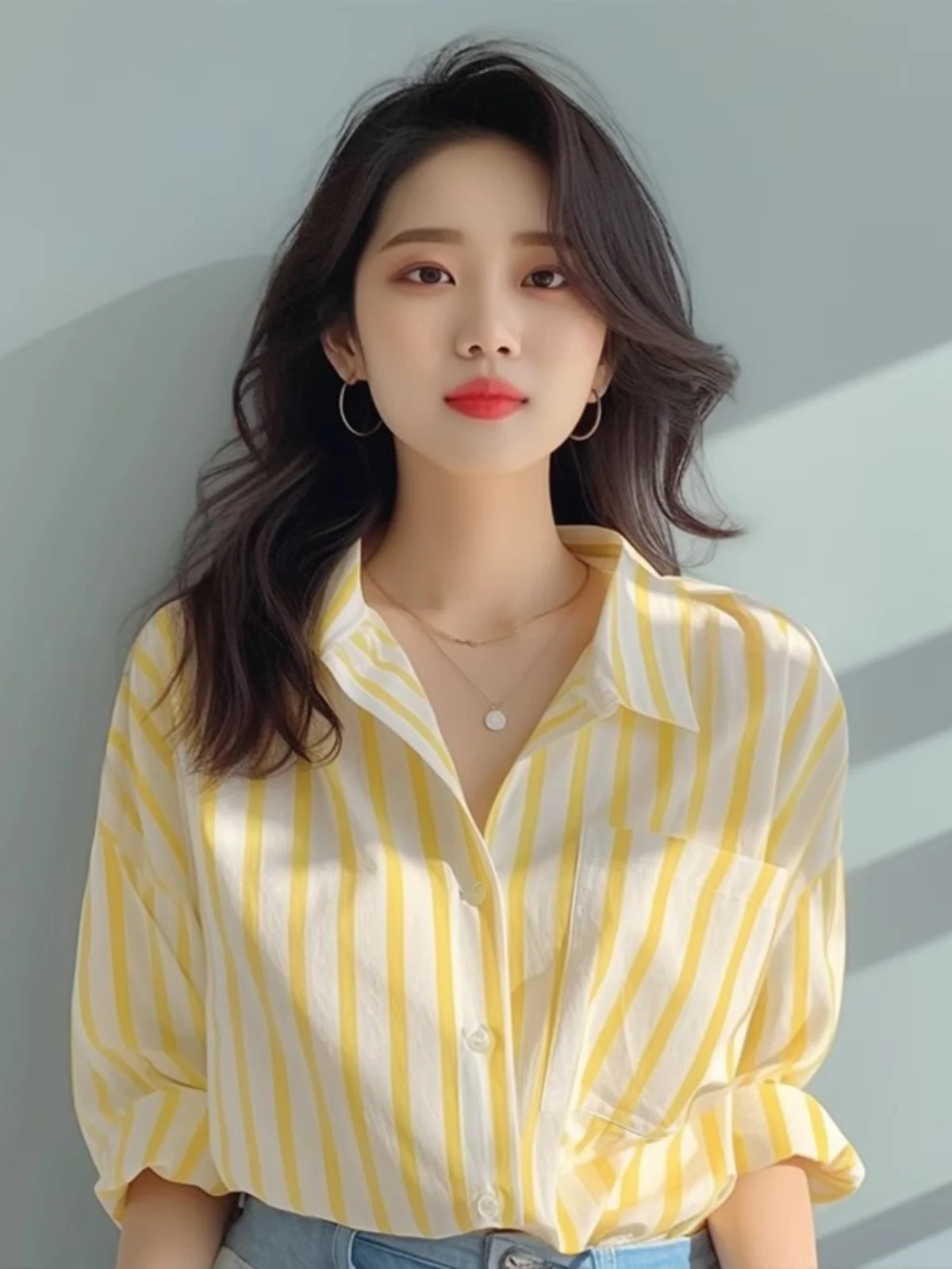 

Yellow Striped Silk Women's Summer Thin Shirt Sun Protection Clothes Strapless Light Weight Translucent Cardigan Style Blouse