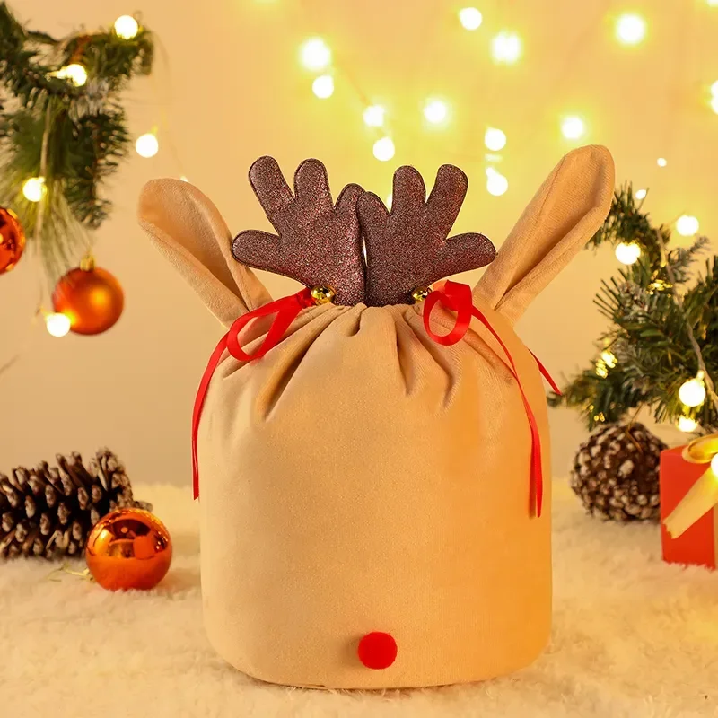 Elch Geweih Weihnachtsgeschenk Tasche Rotes Band Kordelzug Tasche für Geschenk Weiche Minky Weihnachten Süßigkeiten Party Dekoration