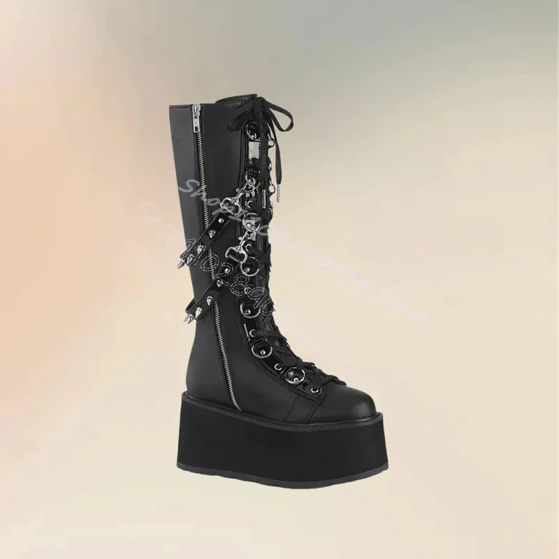 

Metal Spikes Black Cross Tied Thick Bottom Boots Side Zipper Women Shoes High Top Fashion Party Banquet 2025 Zapatos Para Mujere