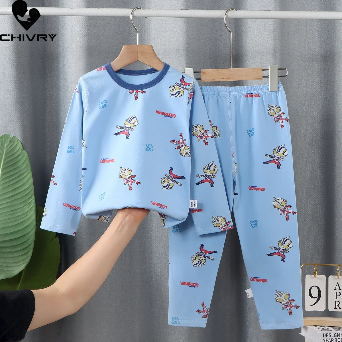 Pijama infantil de lycra, manga comprida, camiseta com gola em O com calça, conjuntos de roupas de dormir, meninos, meninas, bebês, crianças, outono, novo, 2023