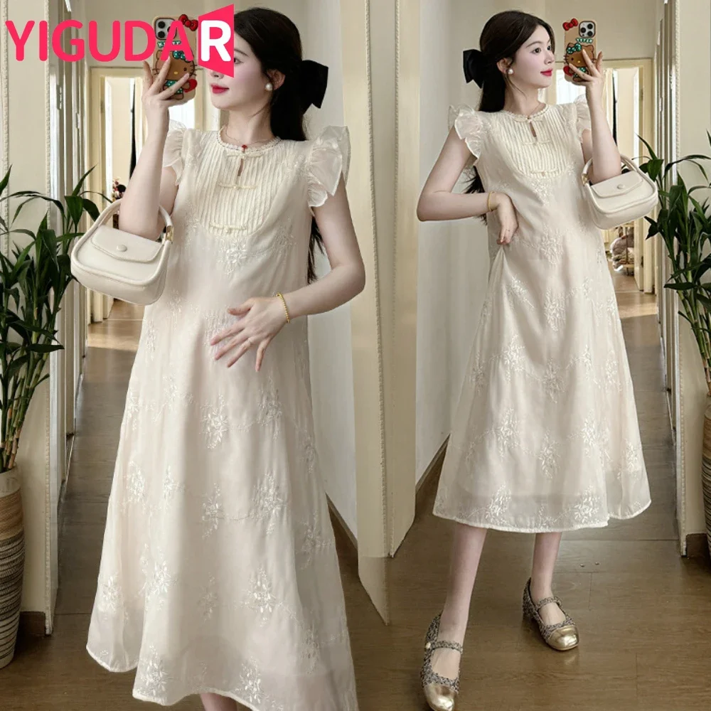 

Одежда для беременных, новинка 2025, летнее платье средней длины для беременных, модное платье для беременных с вышивкой, маленькое платье с летящими рукавами