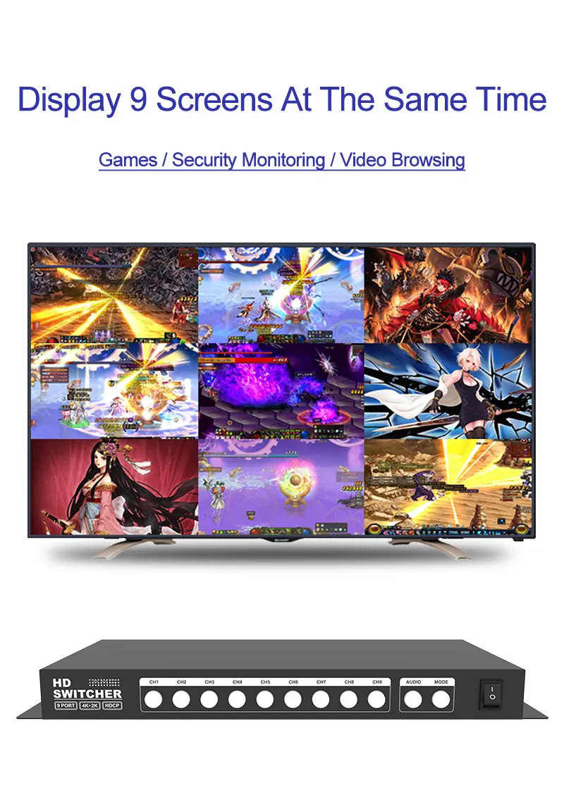 Multiviewer Switch 9 in 1 Out 1080P Quad Screen Multi Viewer 4K Multi-Viewer Seamless Switcher With IR for Camera Laptop PC TV