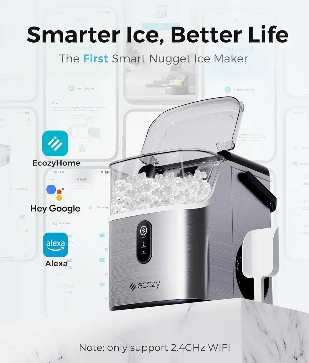 Smart Nugget Ice Maker Countertop Pebble Ice Maker with 35lbs/24H Soft Chewable Ice Self-Cleaning Machine with Voice Control