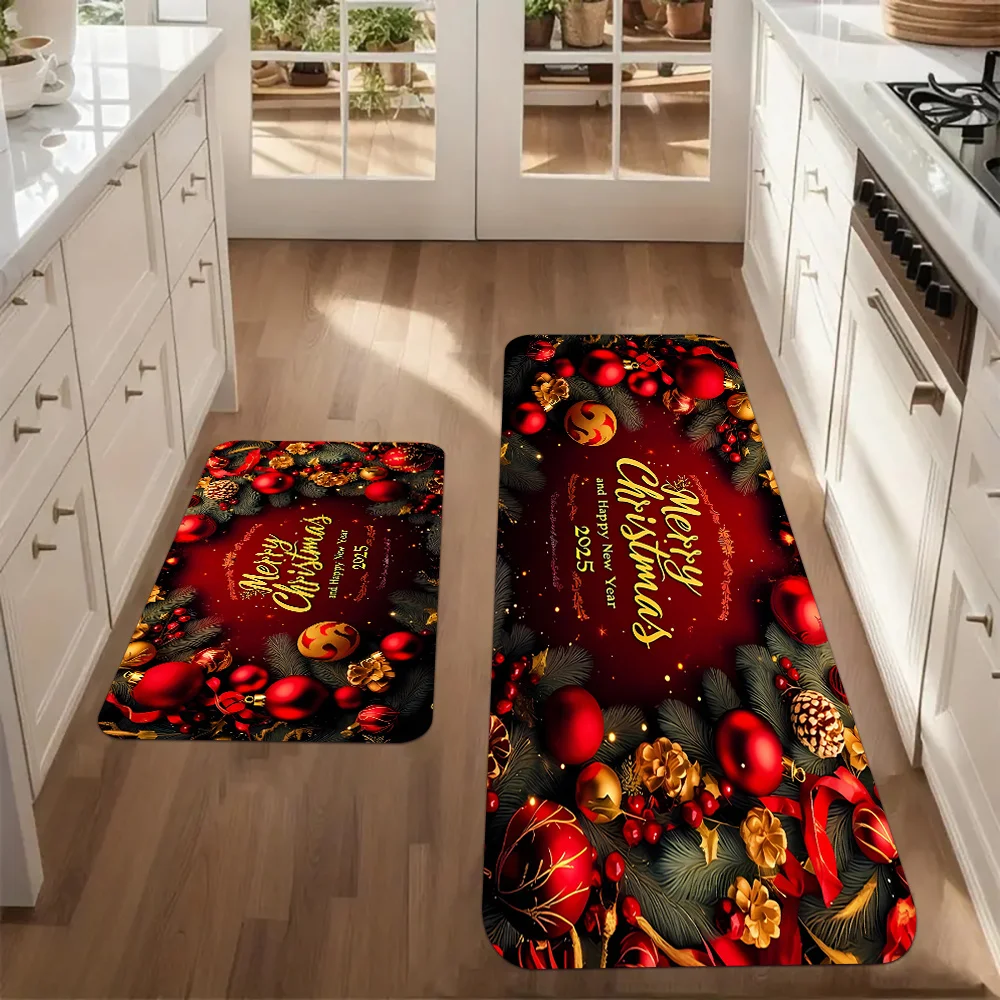 VIKAMA Christmas Kitchen Runner Set Non Slip Washable Red Bauble Pine Cone Floor Mats Xmas Holiday Rug for Rustic Farmhouse