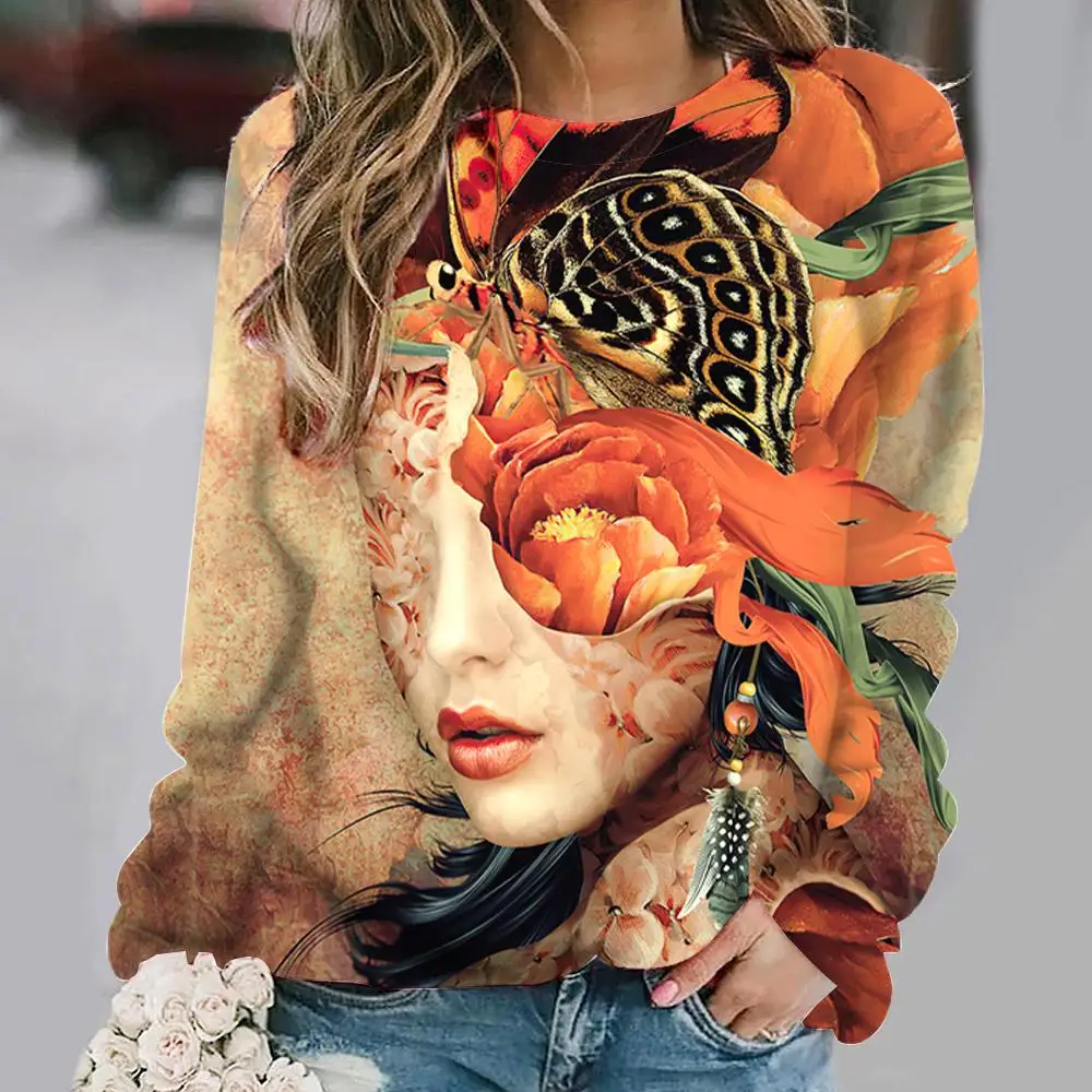 2024 Women\'s Sweater Pullover T-Shirt Casual Loose Fashion Long Sleeve Elegant Art Print Casual Harajuku T Shirts Tee Top Women