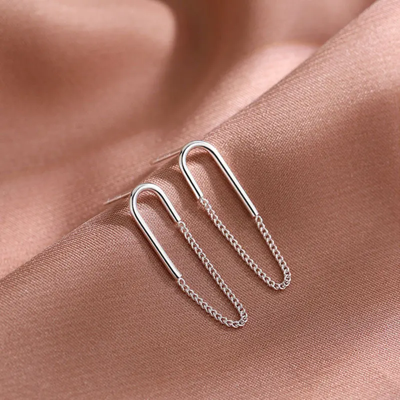 RYJ-pendientes de tuerca geométricos en forma de U para mujer, aretes sencillos de cadena francesa, Plata de Ley 925, regalo único a la moda para mujer