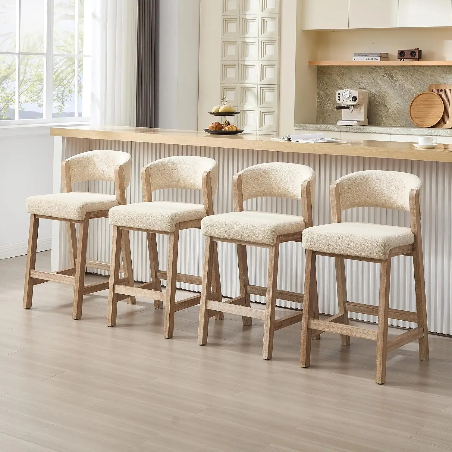 Mid Century Wooden Counter Bar Stools Set 4 with Back & Solid Wood Legs, Upholstered Kitchen Island Barstools Beige Linen & Anti