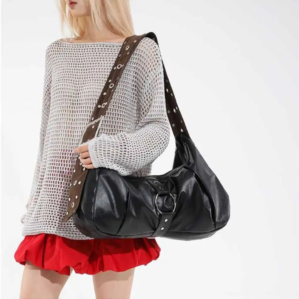 

PU Leather Wide Strap Rivet Crossbody Bag Retro American Style Fashion Design Locomotive Style Underarm Bag Large Capacity