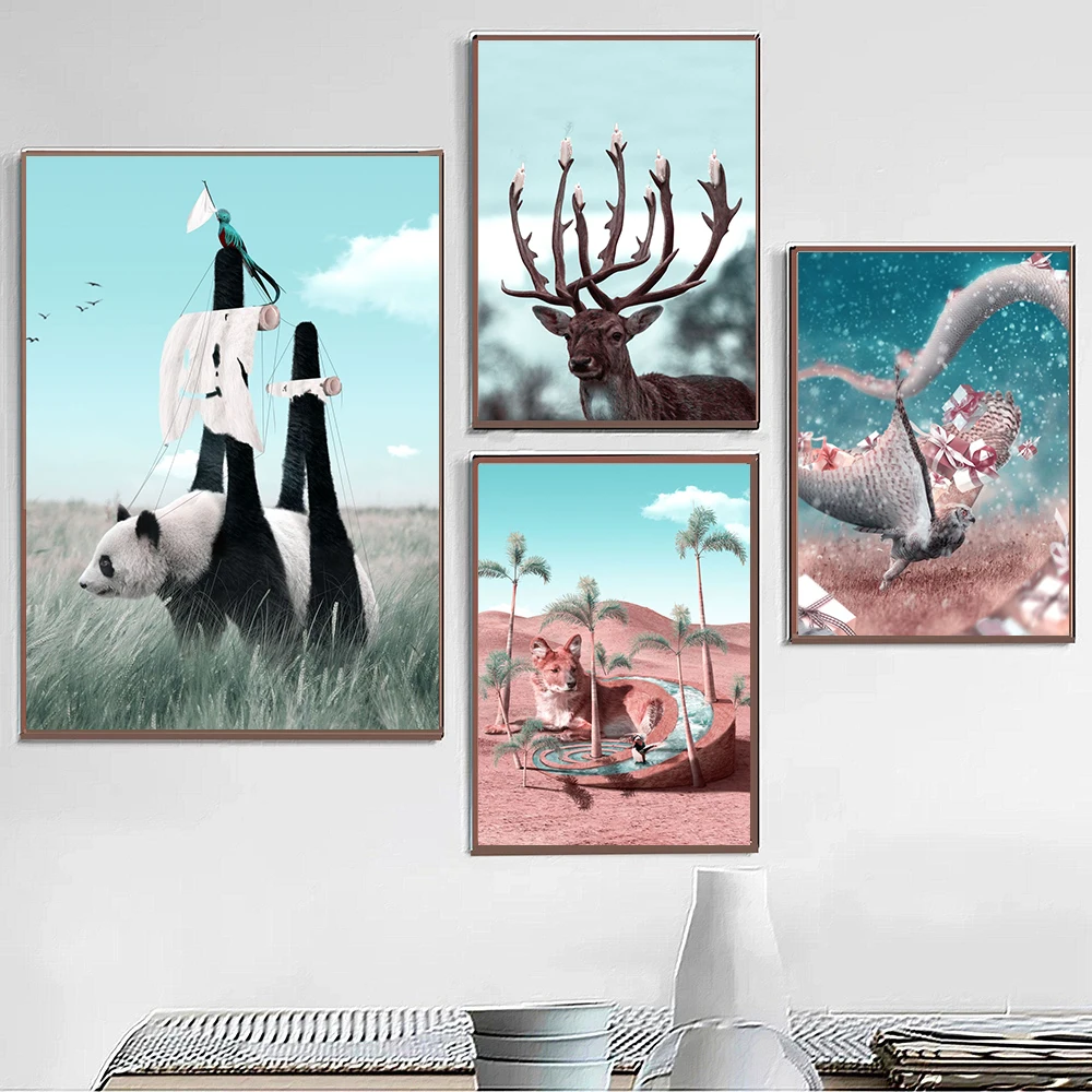 Buck Wolf Cow Turtle Dolphin Surrealism Fantastic Animals Posters and Prints Canvas Painting Living Room Study Home Decoration