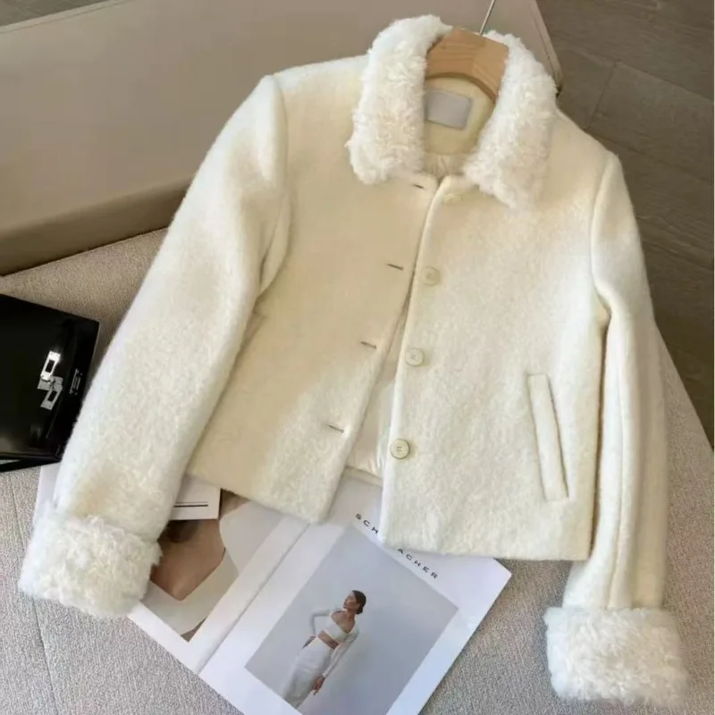 2026 Winter Women's Fleece-filled Thickened Splicing Fluffy Small Fragrant Jacket Women's Thickened Small Tweed Lapel Jacket Top