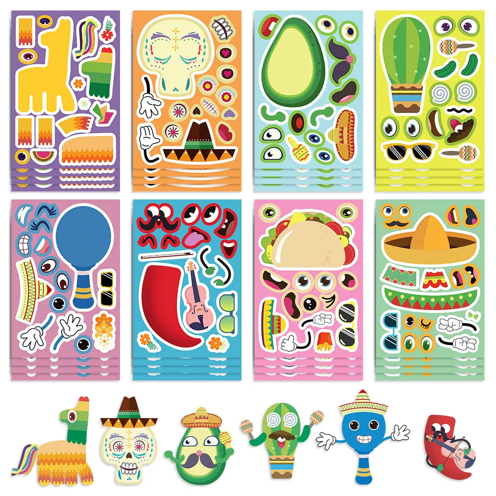 8/16/24Pcs Make a Face Stickers Mexican Carnival Gift of Festival Reward Art Craft Party Favors School Puzzle DIY Sticker