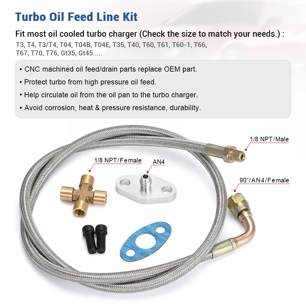 Turbo Oil Feed Line 90 Degree AN4 Female To Straight 1/8 NPT Malew Adapter Gasket Kit Cross Fitting For T3 T4 T04E T60 T61 Turbo