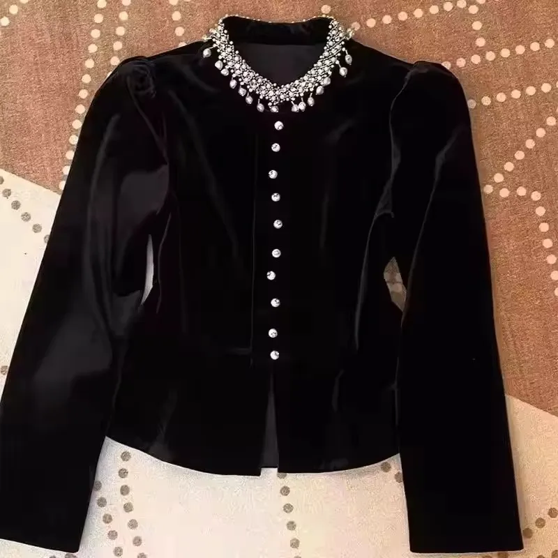 

Женская блузка из золотистого вельвета, осень 2026, однотонная, модная, с длинным рукавом, приталенная, с тяжелой вышивкой бисером