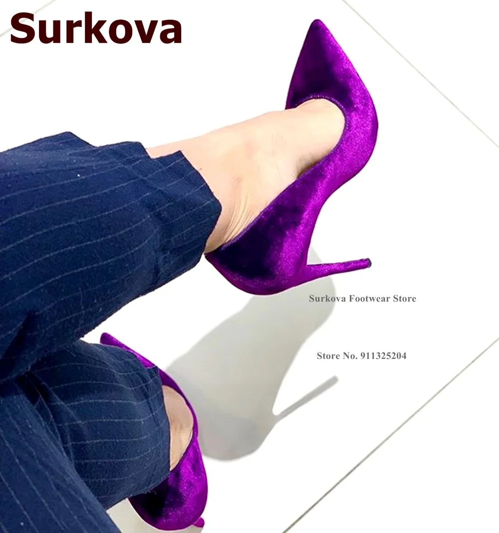 Surkova Burgundy Velvet 12cm High Heel Shoes Purple Rose Red Stilettos Poitned Toe Shallow Pumps 10cm 8cm Slip-on Dress Shoes