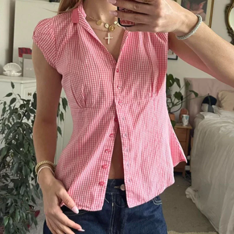 

Винтажная клетчатая блузка с короткими рукавами, топы, эстетичная футболка на пуговицах Y2k Y2k, укороченные топы в клетку, женские футболки в стиле ретро