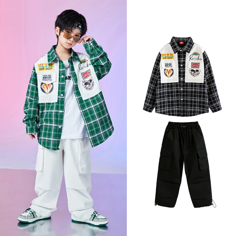 

Hip Hop Clothes For Boys Plaid Shirt Loose Cargo Pants Festival Clothing Street Dance Stage Outfit Children Kpop Clothing YS4318