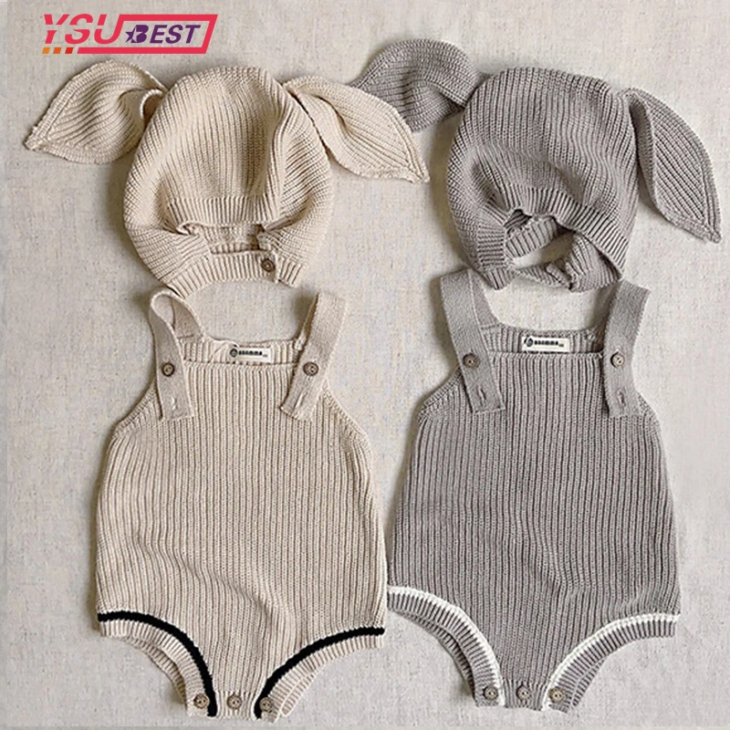 

0-3Y Newborn Clothes Baby Knitted Sweater Set Autumn Baby Romper Solid Color Boy's Climbing Suit Rabbit Ears Romper+Hat Clothing