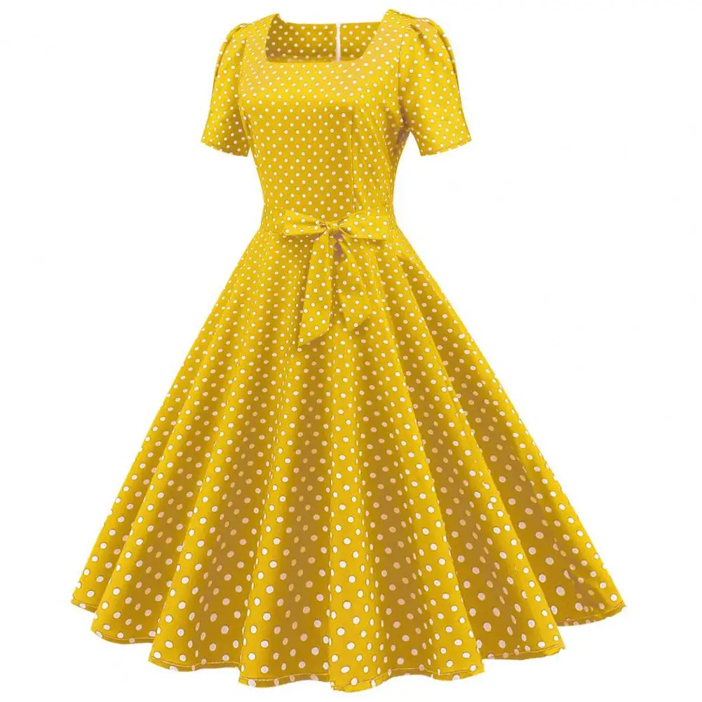 Vintage Women Polka Dot Dress Movie Style Elegant Timeless Retro Design Square Collar Dress