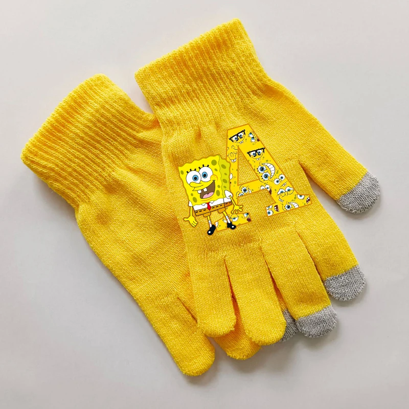 New Spongebob Child Gloves Kawaii Cartoon Letter A-Z Printed Knitted Gloved Boys Girls Winter Warm Accessories Christmas Gifts