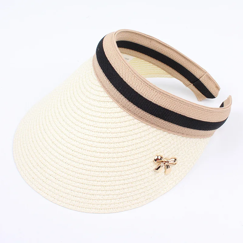 Visera de Sol para mujer y niño adulto, Sombrero con lazo, hecho a mano, de paja, informal, Playa