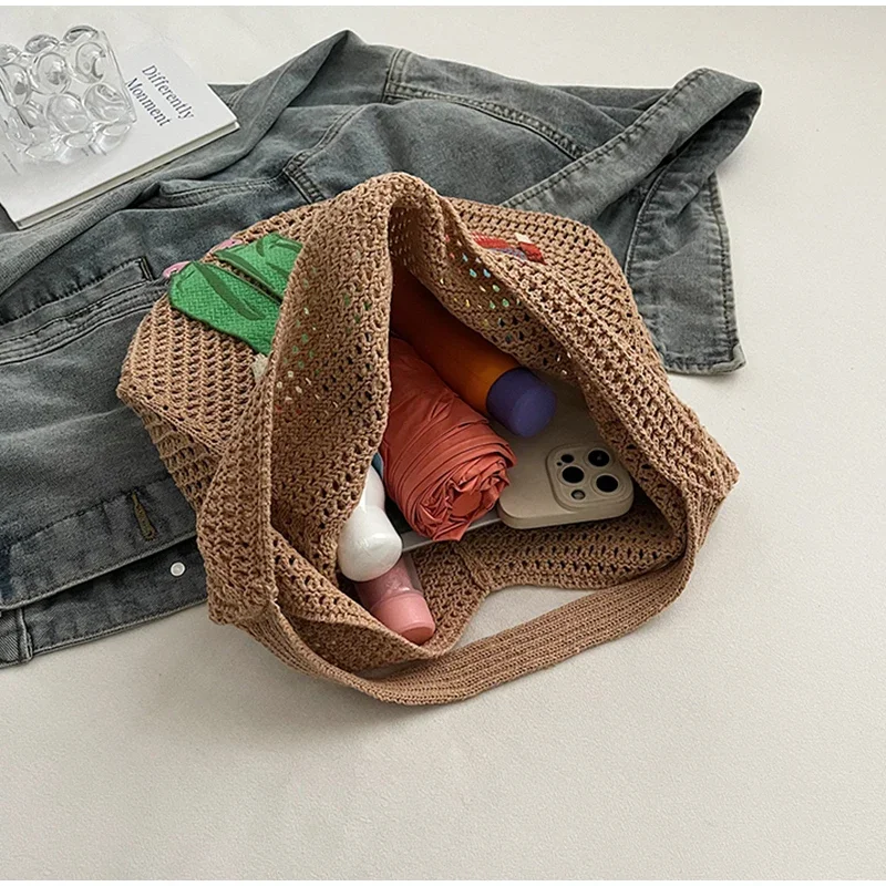 Hohle gestrickte Umhängetasche aus Netzstoff, Strandurlaub, lässige, schicke Cartoon-Einkaufstasche, leichte, lässige, gewebte Damenhandtasche mit Entspannung – Detail 9
