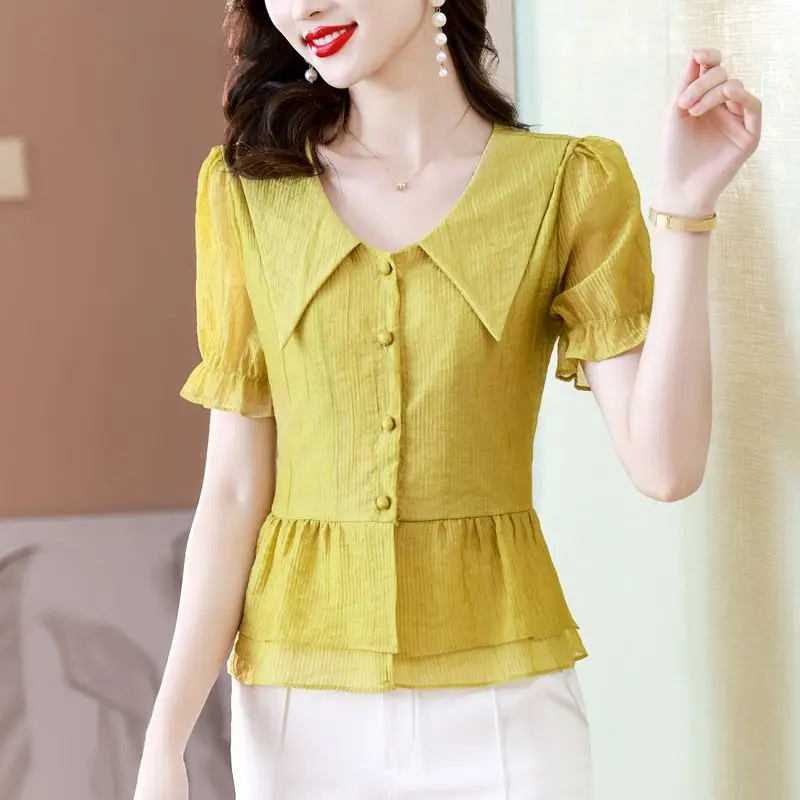 Women Summer Simplicity Fashion Loose Solid Color Peter Pan Collar Short Sleeve Chiffon Shirts Ladies Casual Appear Thin Tops