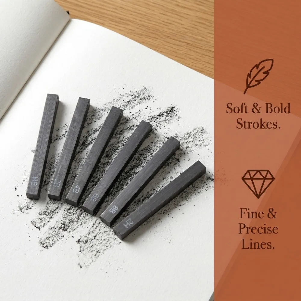 6PCS Square Shape Sketch Charcoal Sticks Pure Charcoal Break Resistant Square Charcoal Bars 2.48in Drawing Charcoal Hand Drawing